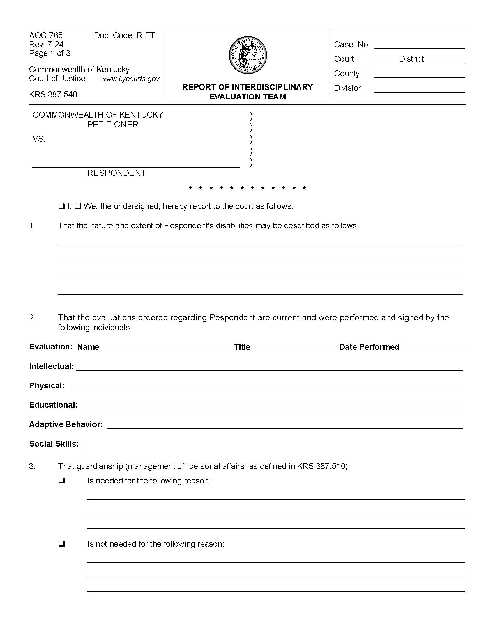 Report Of Interdisciplinary Evaluation Team {AOC-765} | Pdf Fpdf Docx | Kentucky