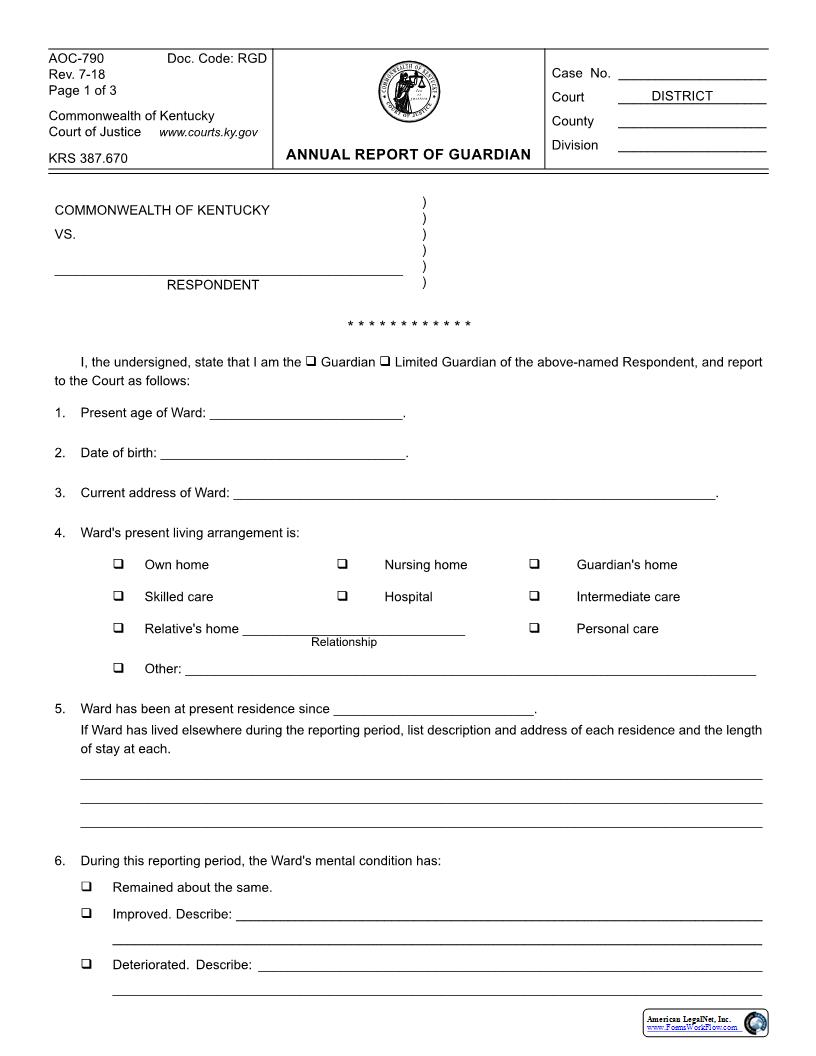 Annual Report Of Guardian {AOC-790} | Pdf Fpdf Docx | Kentucky