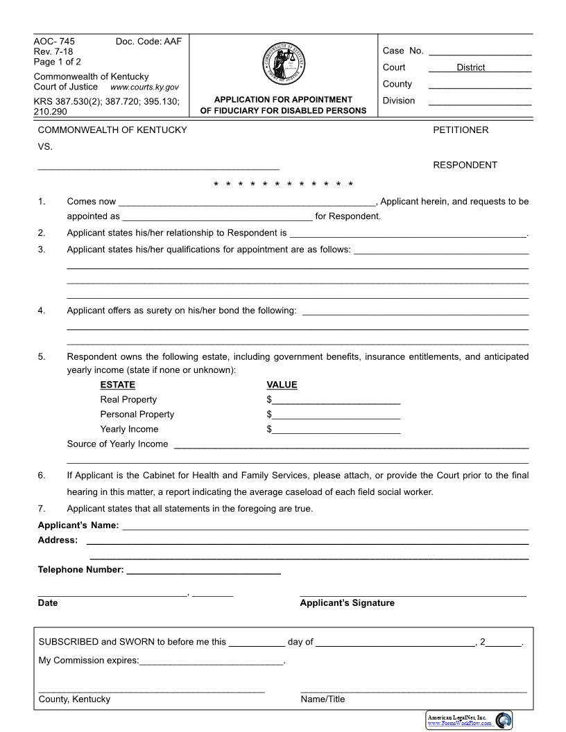 Application For Appointment Of Fiduciary For Disabled Persons {AOC-745} | Pdf Fpdf Docx | Kentucky
