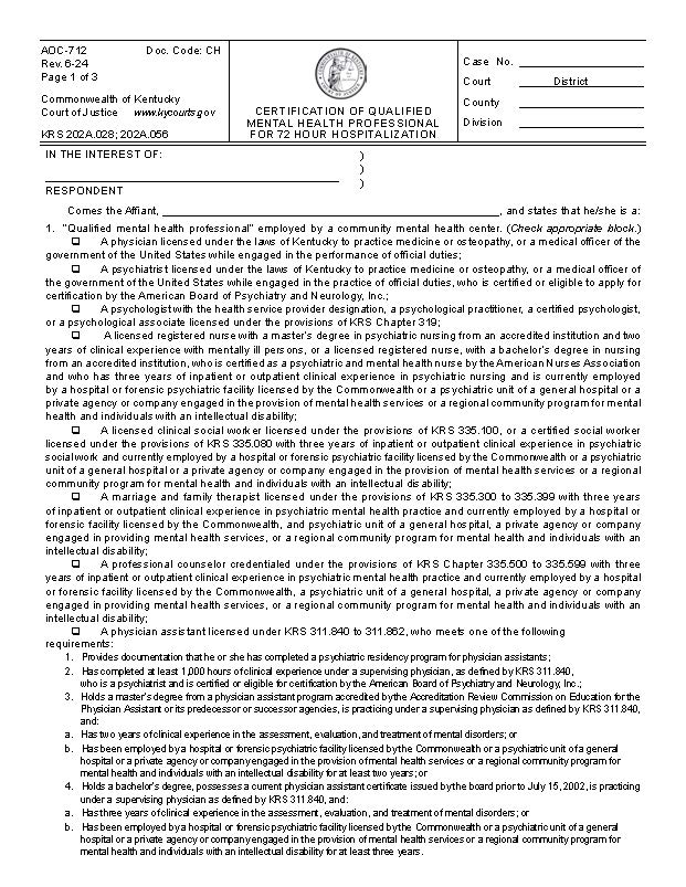 Certification Of Qualified Mental Health Professional {AOC-712} | Pdf Fpdf Docx | Kentucky
