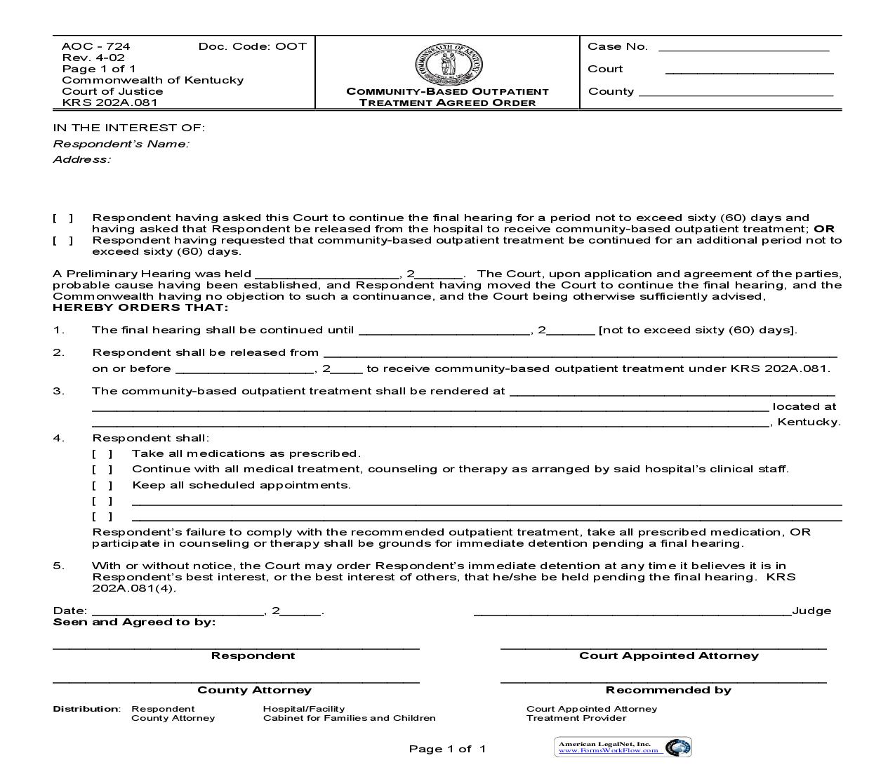 Community Based Outpatient Treatment Agreed Order {724} | Pdf Fpdf Doc Docx | Kentucky