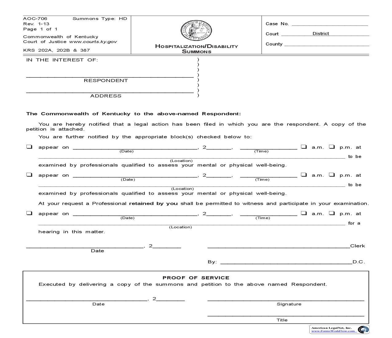 Hospitalization Or Disability Summons {706} | Pdf Fpdf Doc Docx | Kentucky