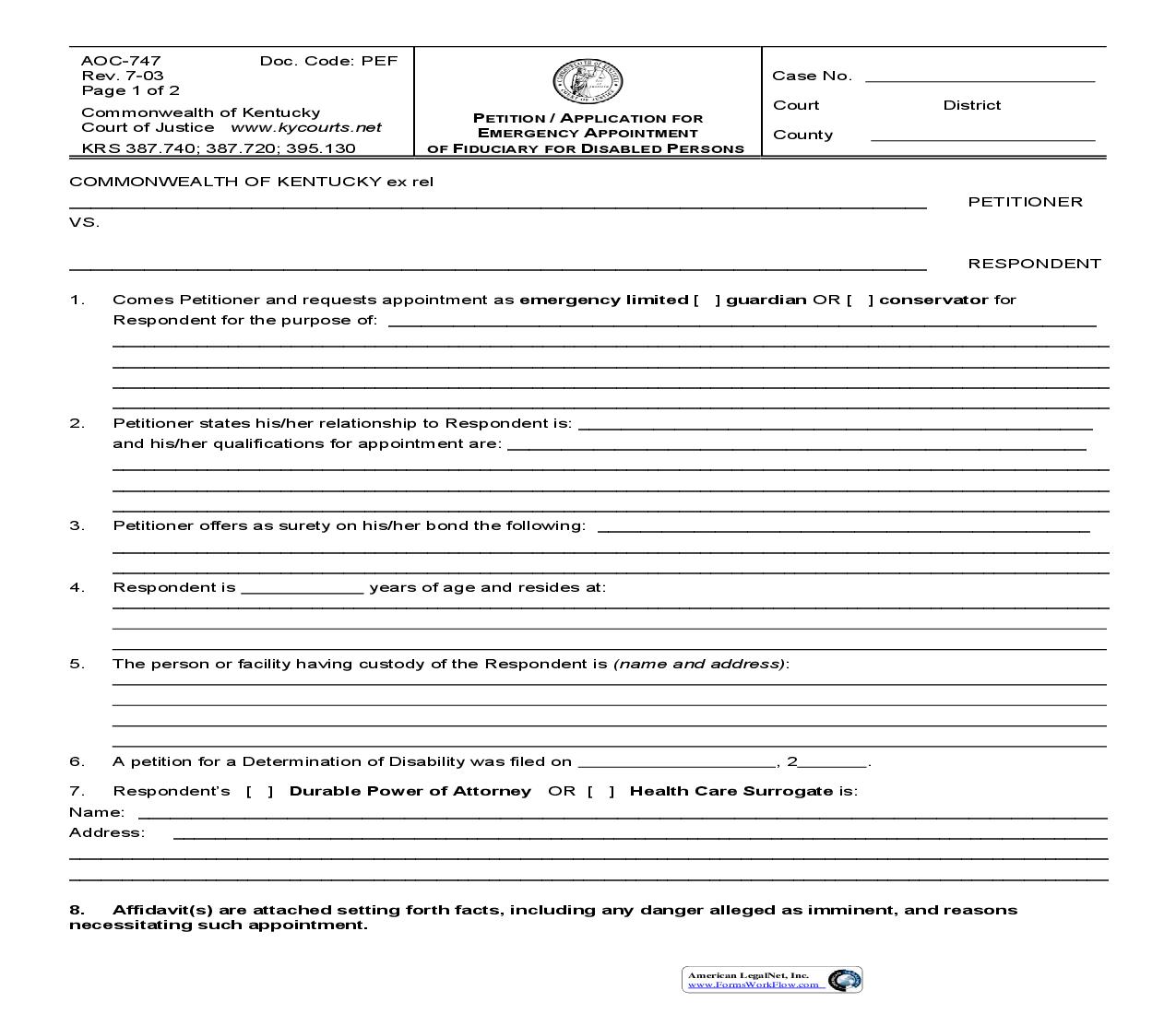 Petition Application For Emergency Appointment Of Fiduciary For Disabled Persons {AOC-747} | Pdf Fpdf Doc Docx | Kentucky