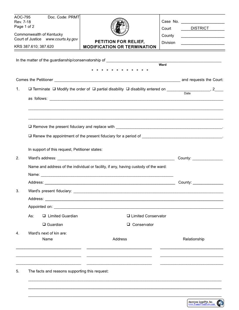 Petition For Relief Modification Or Termination {AOC-795} | Pdf Fpdf Docx | Kentucky