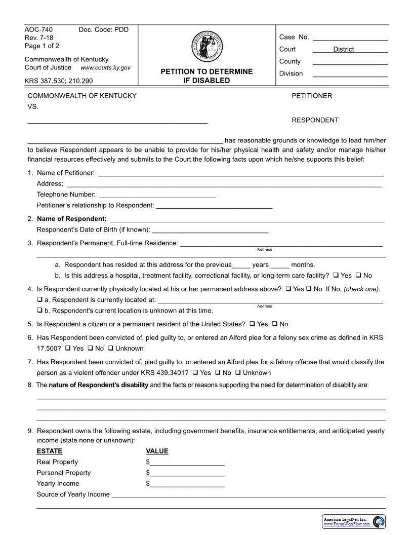 Petition To Determine If Disabled {AOC-740} | Pdf Fpdf Docx | Kentucky
