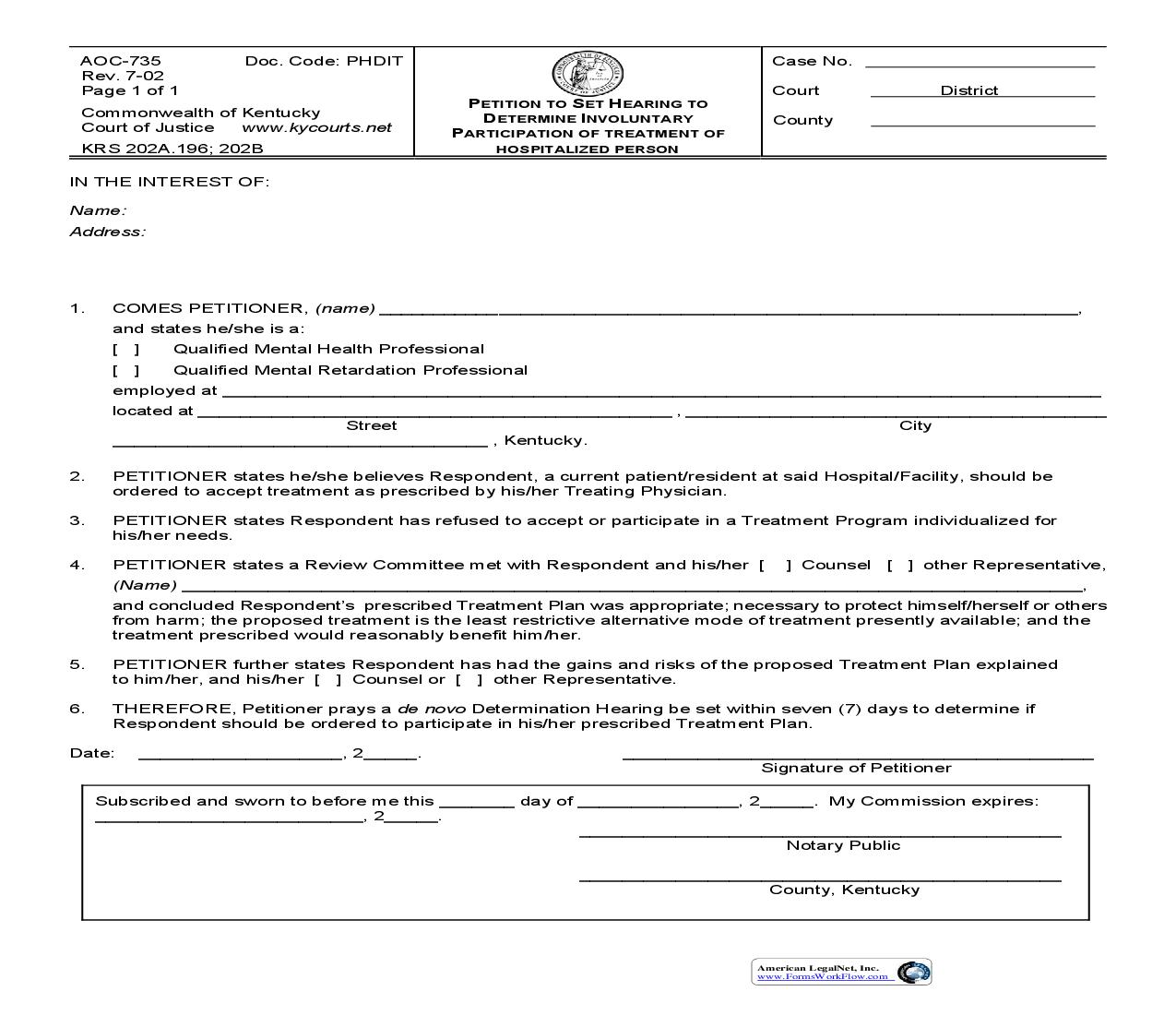 Petition To Set Hearing To Determine Involuntary Participation Of Treatment Of Hospitalized Person {735} | Pdf Fpdf Doc Docx | Kentucky