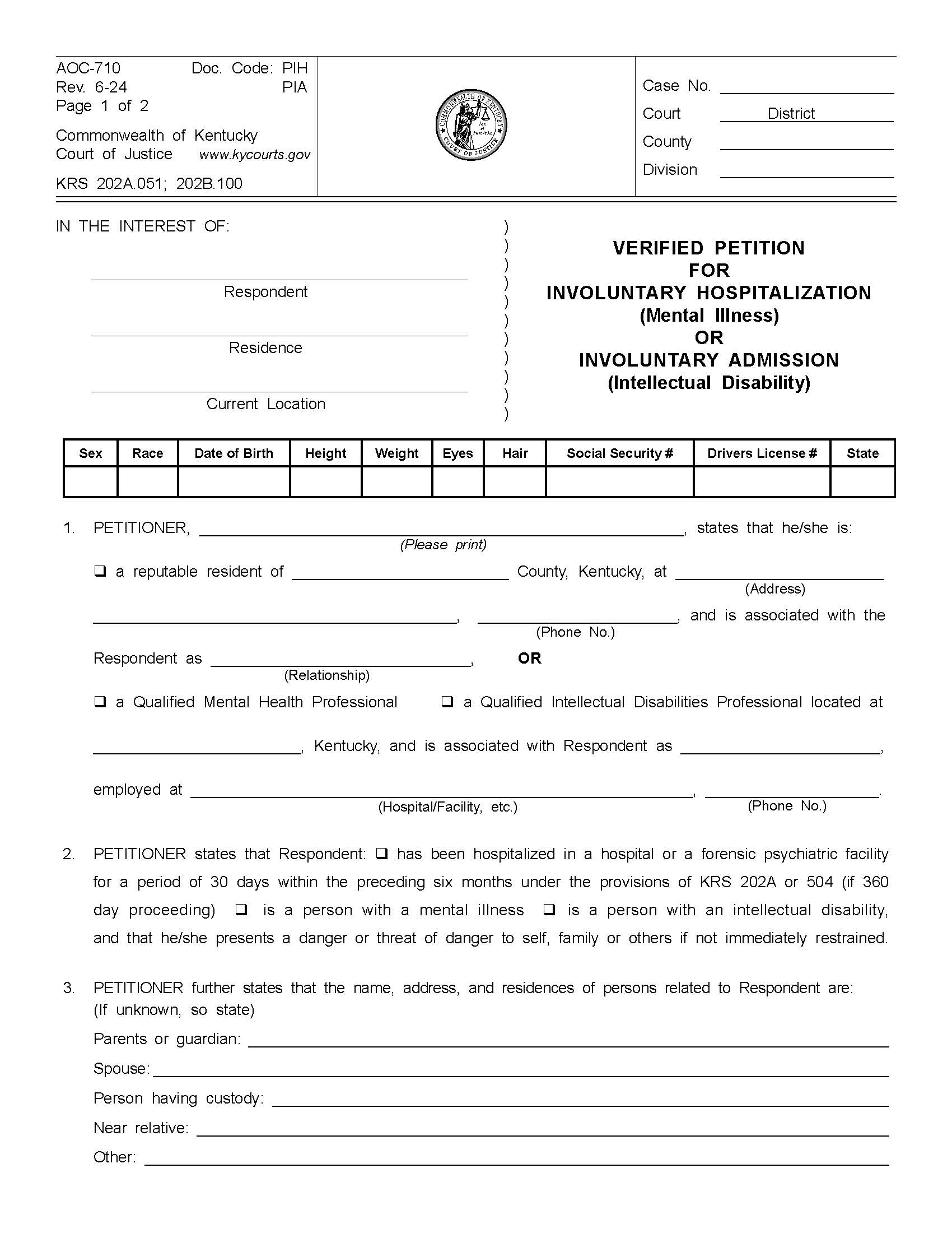 Verified Petition For Involuntary Hospitalization Or Involuntary Admission {710} | Pdf Fpdf Doc Docx | Kentucky
