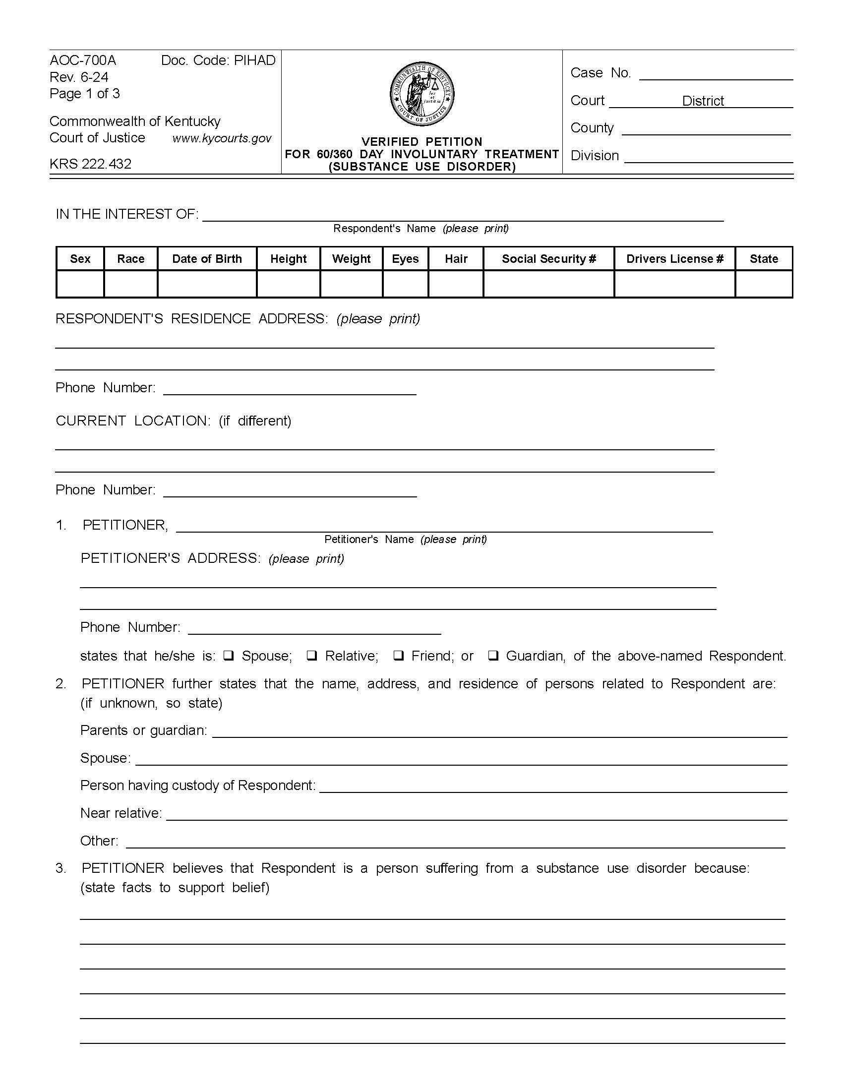 Verified Petition For Involuntary Treatment Alcohol And Drug Abuse {700A} | Pdf Fpdf Doc Docx | Kentucky
