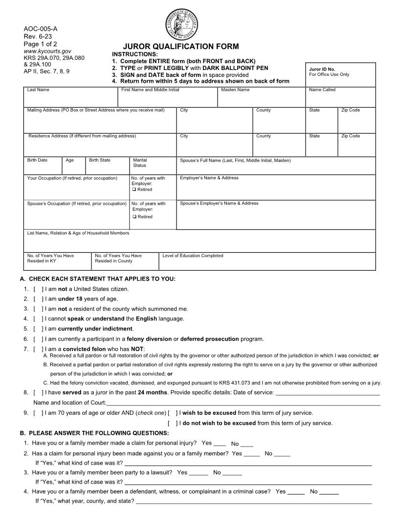 Jury Summons And Qualification Form {AOC-005} | Pdf Fpdf Doc Docx | Kentucky