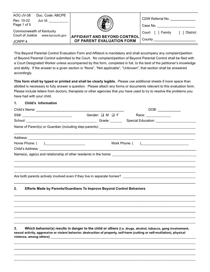 Affidavit And Beyond Control Of Parent Evaluation Form {JV-38.1} | Pdf Fpdf Docx | Kentucky