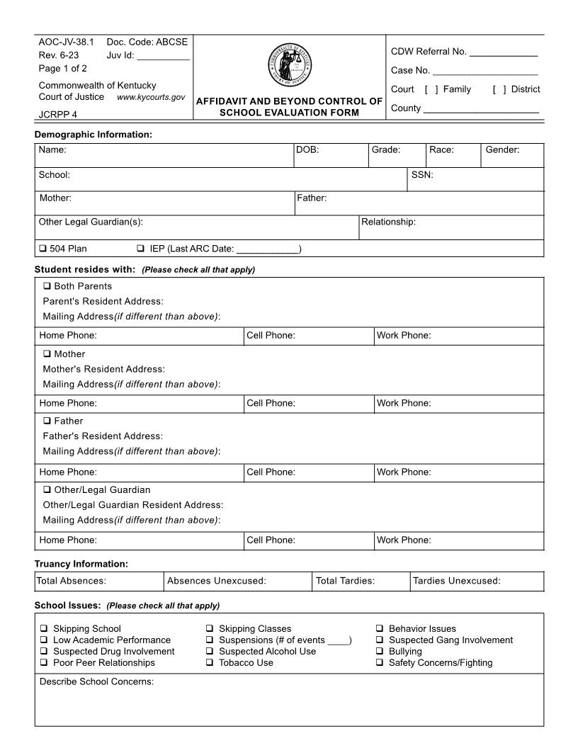 Affidavit And Beyond Control Of School Evaluation Form {JV-38.1} | Pdf Fpdf Docx | Kentucky