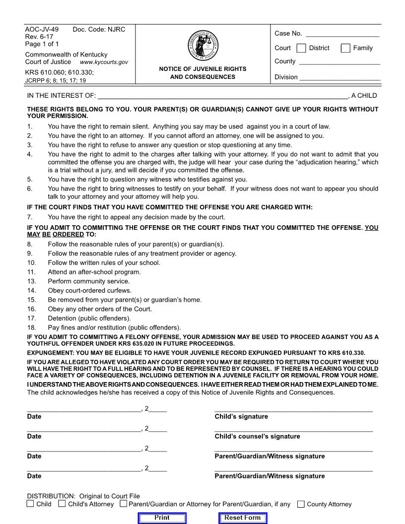 Notice Of Juvenile Rights And Consequences {JV-49} | Pdf Fpdf Docx | Kentucky