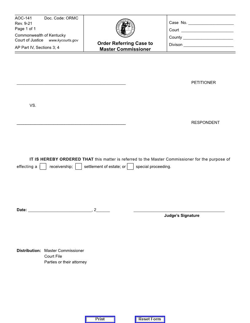 Order Referring Case To Master Commissioner {141} | Pdf Fpdf Docx | Kentucky