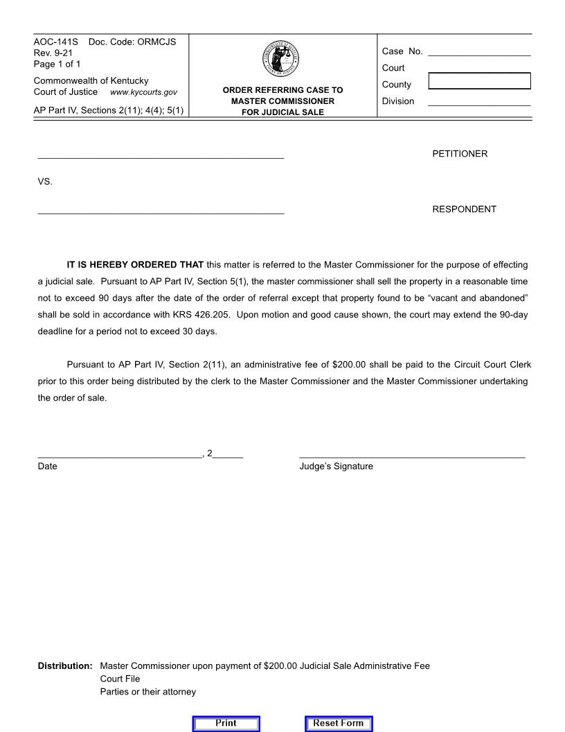 Order Referring Case To Master Commissioner For Judicial Sale {141S} | Pdf Fpdf Doc Docx | Kentucky