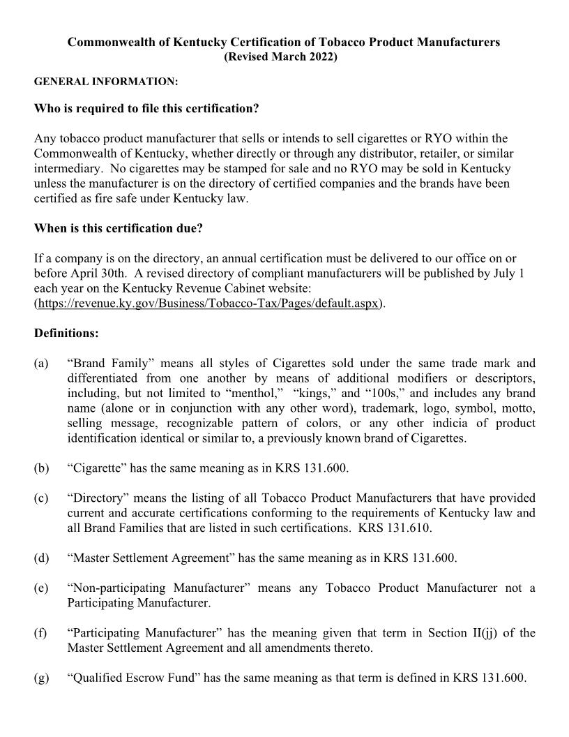 Kentucky Certification Of Tobacco Product Manufacturers | Pdf Fpdf Docx | Kentucky