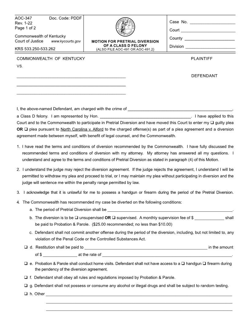 Motion For Pretrial Diversion Of Class D Felony {347} | Pdf Fpdf Doc Docx | Kentucky