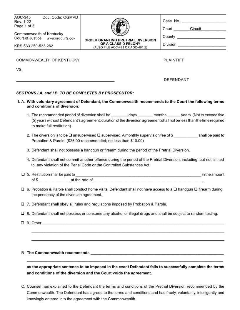 Order Granting Pretrial Diversion Of Class D Felony {345} | Pdf Fpdf Docx | Kentucky