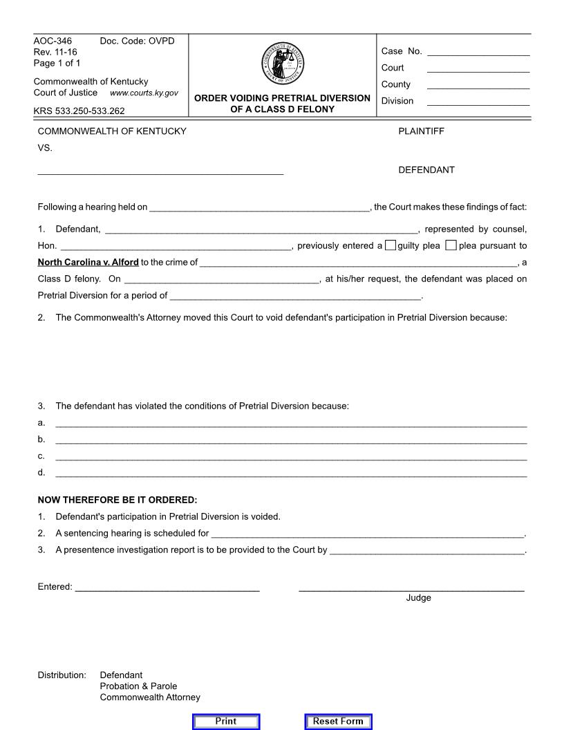 Order Voiding Pretrial Diversion Of Class D Felony {346} | Pdf Fpdf Doc Docx | Kentucky
