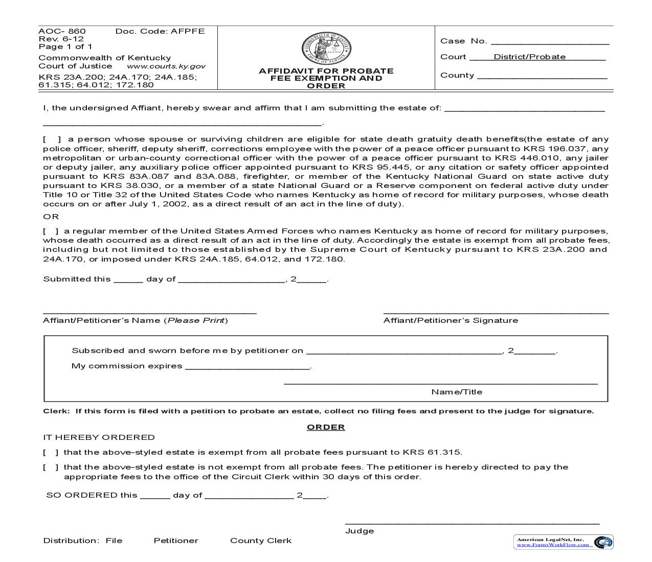 Affidavit For Probate Fee Exemption And Order {860} | Pdf Fpdf Doc Docx | Kentucky