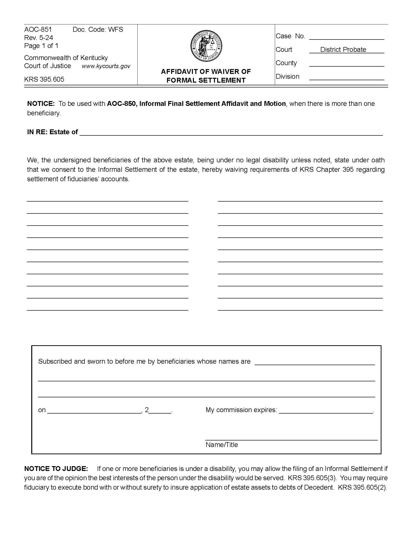 Affidavit Of Waiver Of Formal Settlement {AOC-851} | Pdf Fpdf Docx | Kentucky