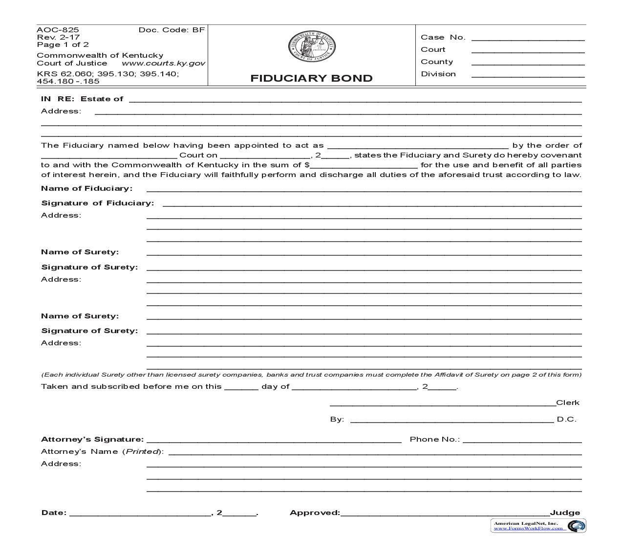 Fiduciary Bond {825} | Pdf Fpdf Doc Docx | Kentucky
