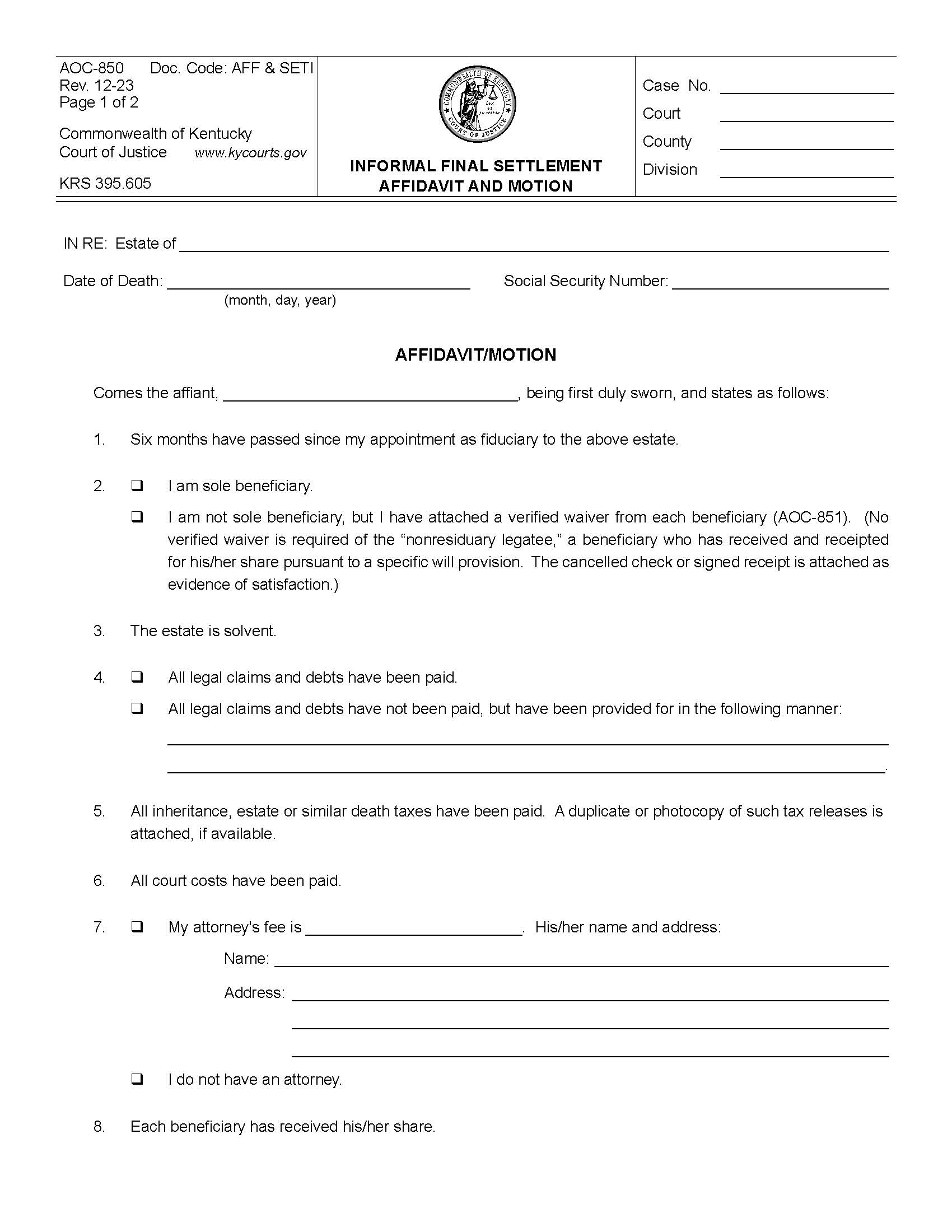 Informal Final Settlement Affidavit Motion And Order {850} | Pdf Fpdf Doc Docx | Kentucky