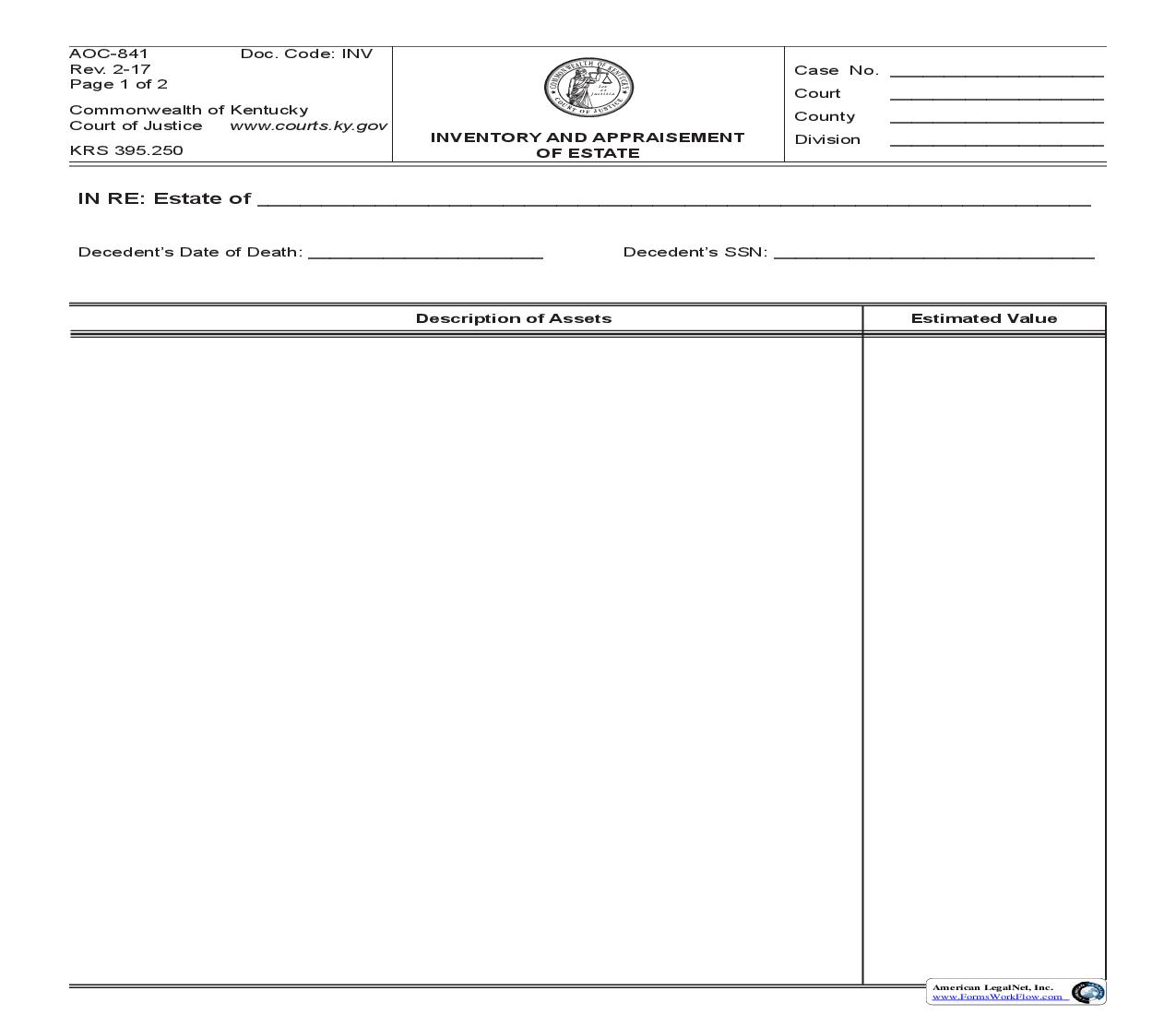 Inventory And Appraisement Of Estate {841} | Pdf Fpdf Doc Docx | Kentucky