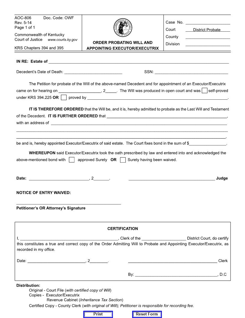 Order Probating Will And Appointing Executor Or Executrix {806} | Pdf Fpdf Doc Docx | Kentucky