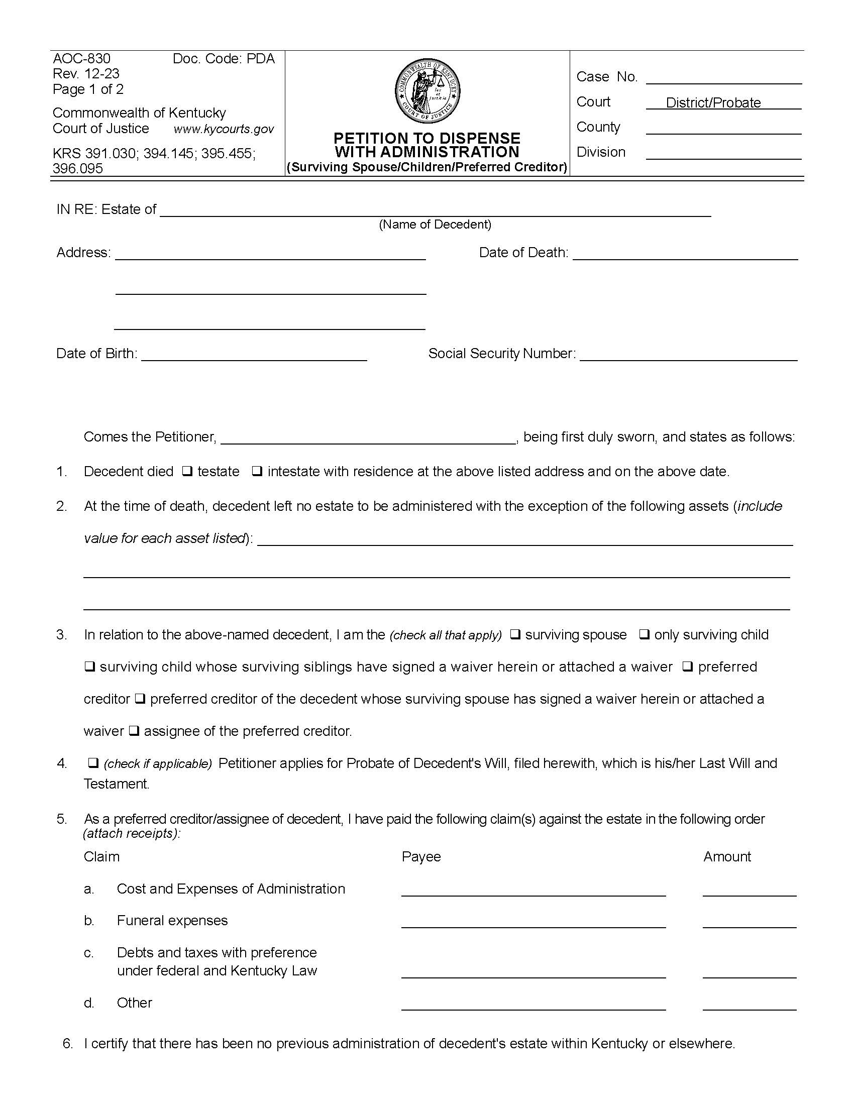 Petition And Order To Dispense With Administration (Surviving Spouse-Children-Preferred Creditor) {830} | Pdf Fpdf Doc Docx | Kentucky
