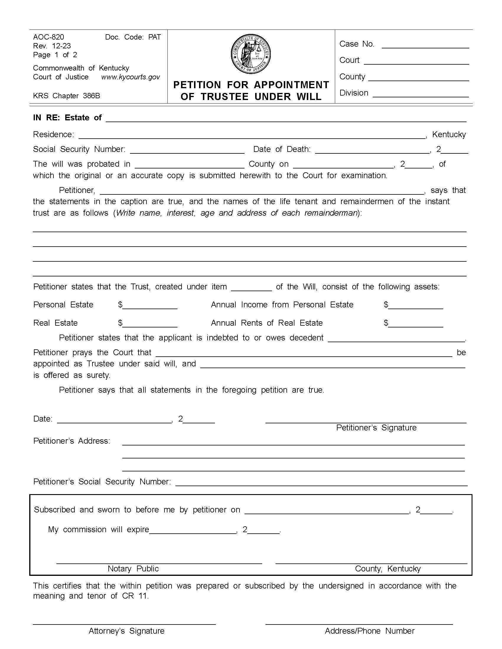 Petition For Appointment Of Trustee Under Will {820} | Pdf Fpdf Doc Docx | Kentucky