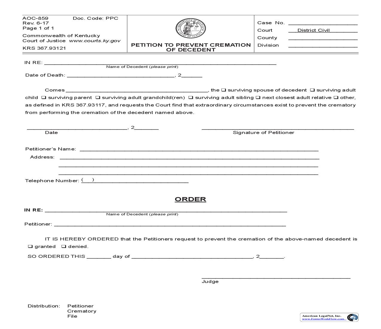 Petition To Prevent Cremation Of Decedent {859} | Pdf Fpdf Doc Docx | Kentucky