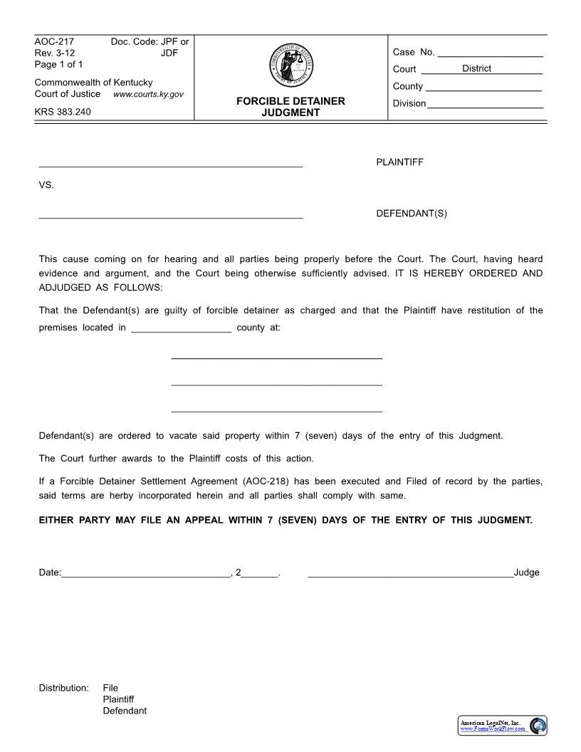 Forcible Detainer Judgment {AOC-217} | Pdf Fpdf Docx | Kentucky
