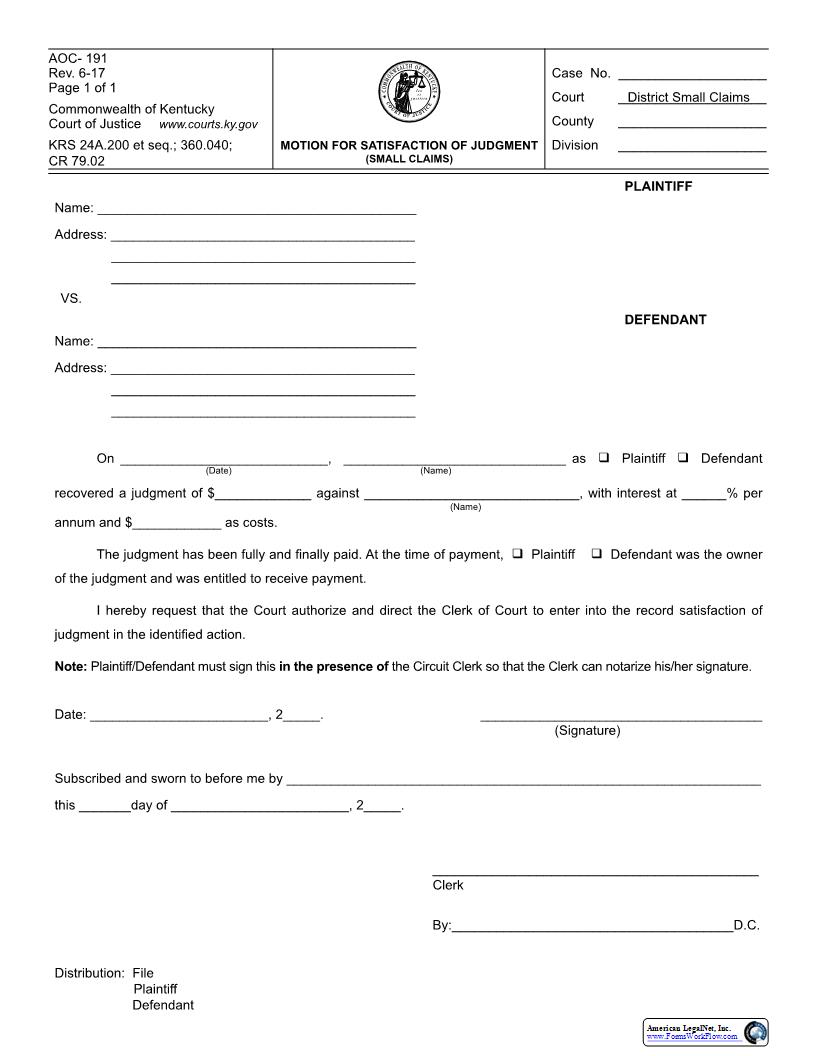 Motion For Satisfaction Of Judgment (Small Claims) {191} | Pdf Fpdf Docx | Kentucky