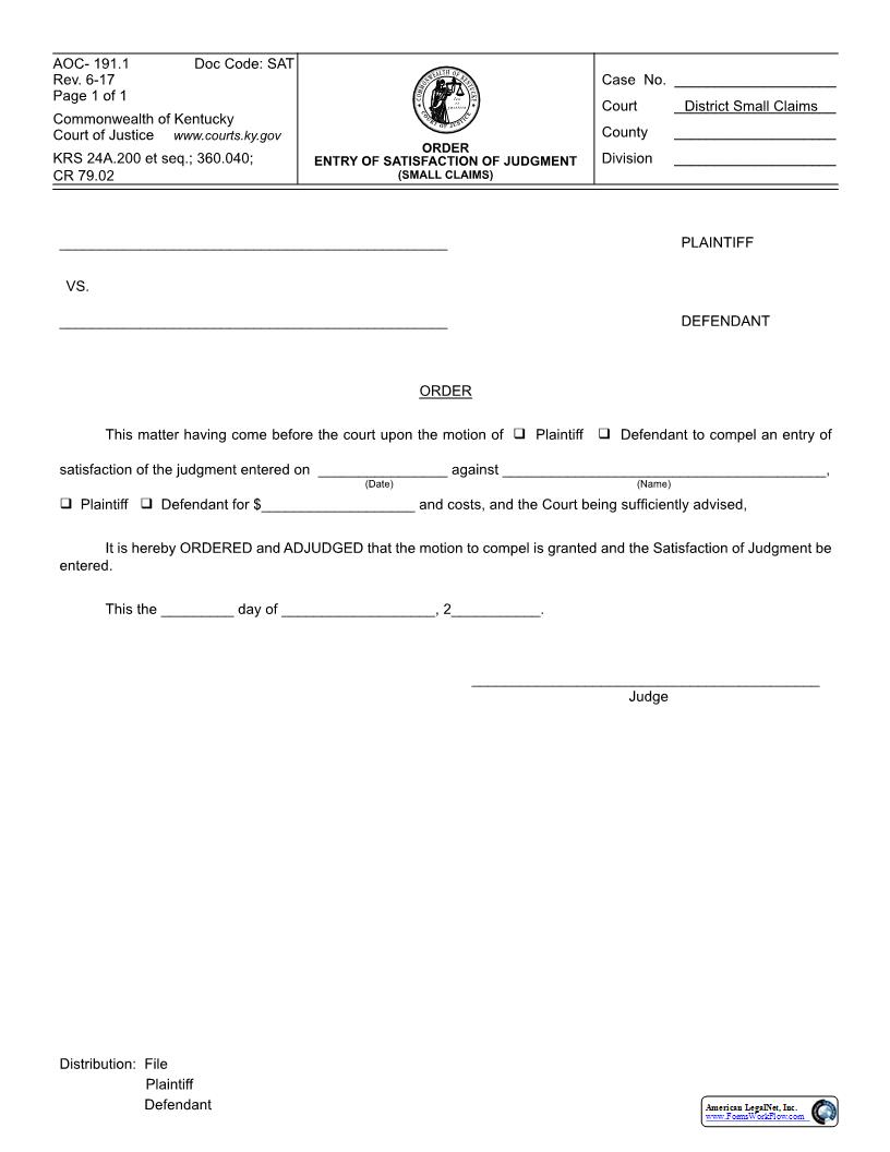 Order Entry Of Satisfaction Of Judgment {AOC-191.1} | Pdf Fpdf Docx | Kentucky