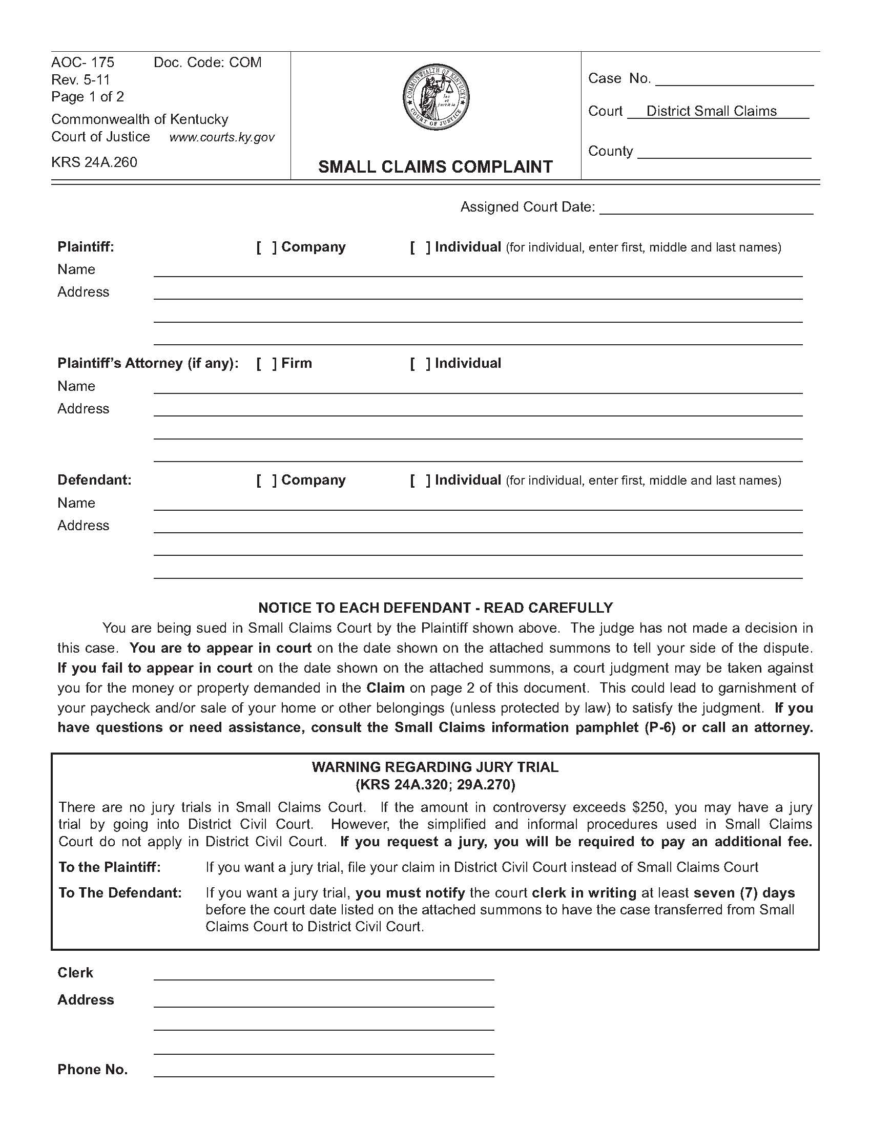 Small Claims Complaint {175} | Pdf Fpdf Doc Docx | Kentucky