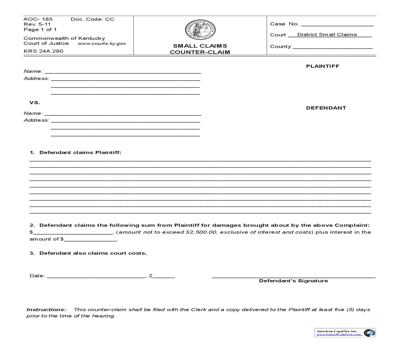Small Claims Counter Claim {185} | Pdf Fpdf Doc Docx | Kentucky