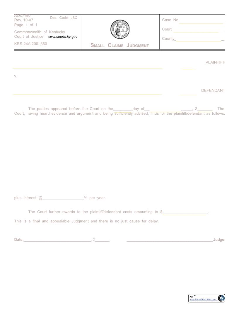 Small Claims Judgment {AOC-190} | Pdf Fpdf Docx | Kentucky