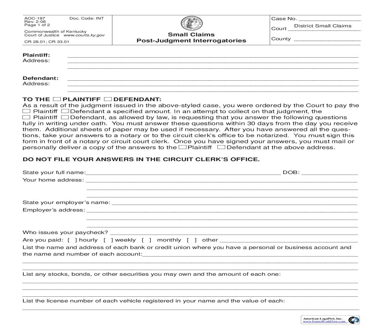 Small Claims Post Judgment Interrogatories {197} | Pdf Fpdf Doc Docx | Kentucky