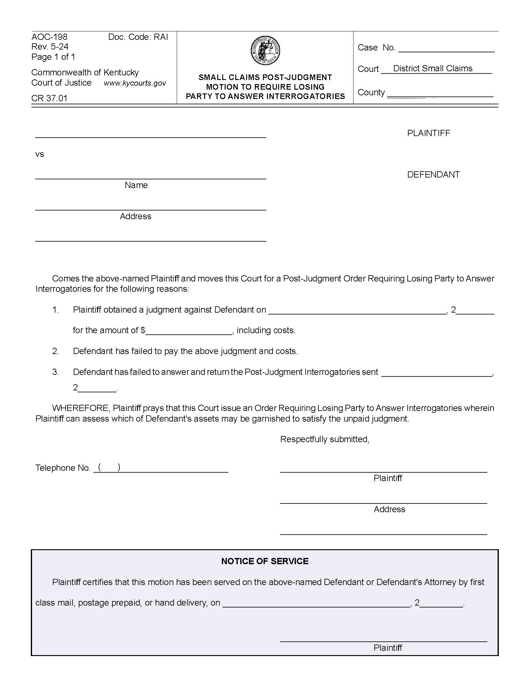Small Claims Post Judgment Motion Or Order Requiring Losing Party To Answer Interrogatories {198} | Pdf Fpdf Doc Docx | Kentucky