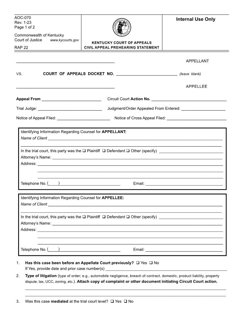 Civil Appeal Prehearing Statement {AOC-070} | Pdf Fpdf Doc Docx | Kentucky