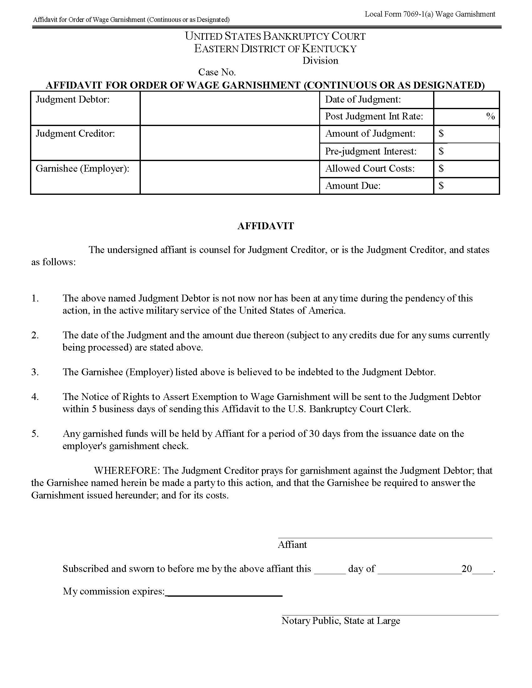 Affidavit For Order Of Wage Garnishment Continuous Or As Designated {7069-1(a)} | Pdf Fpdf Docx | Kentucky