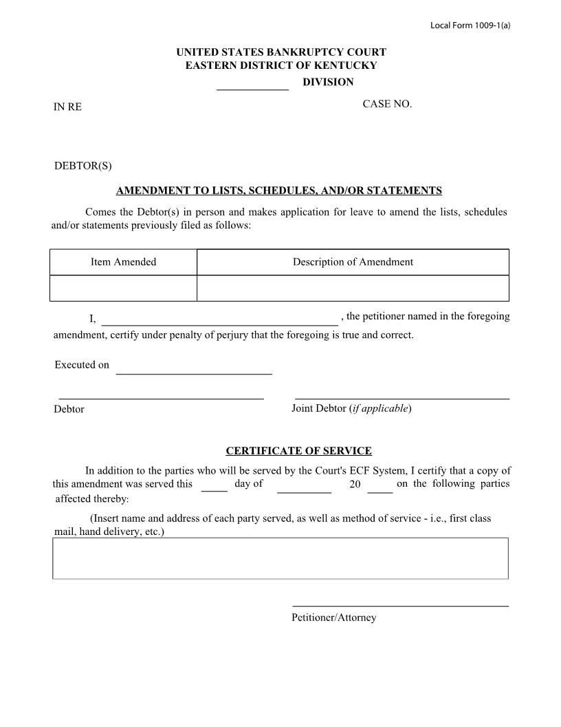 Amendment To Lists Schedules And Or Statements {1009-1(a)} | Pdf Fpdf Docx | Kentucky