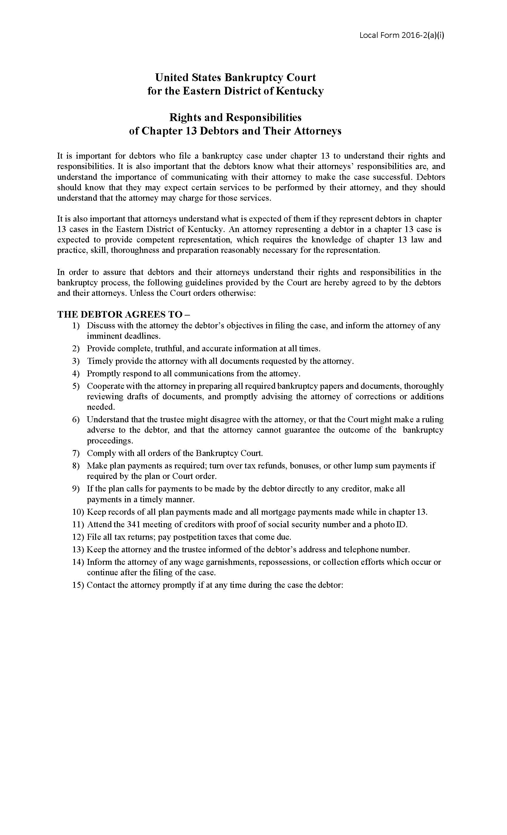 Certification Regarding Chapter 13 Rights And Responsibilities {2016-2(a)(i)} | Pdf Fpdf Docx | Kentucky