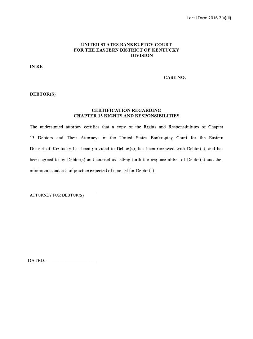 Certification Regarding Chapter 13 Rights And Responsibilities {2016-2(a)(ii)} | Pdf Fpdf Docx | Kentucky