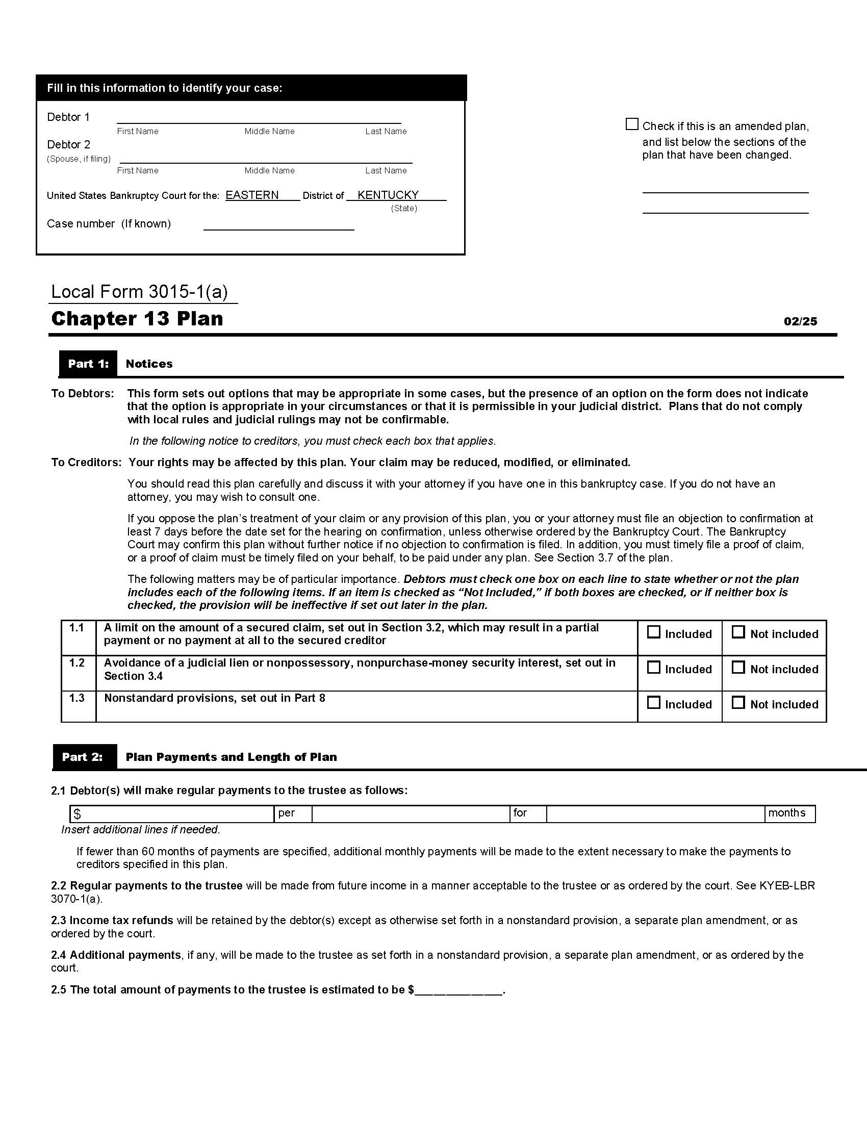 Chapter 13 Plan {3015-1(a)} | Pdf Fpdf Docx | Kentucky