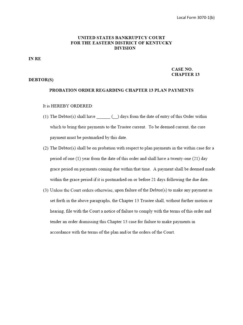 Probation Order Regarding Chapter 13 Plan Payments | Pdf Fpdf Docx | Kentucky