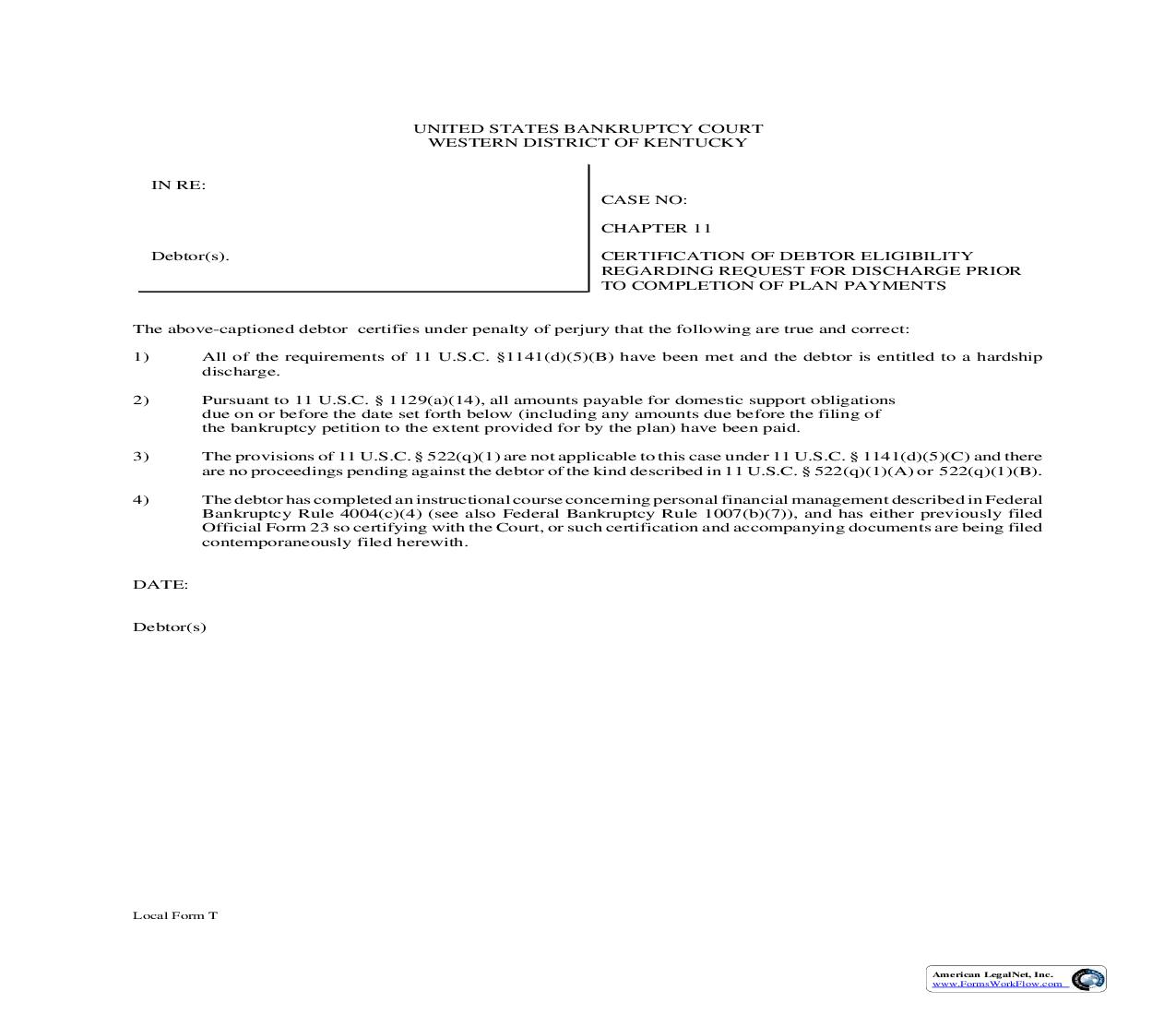 Certification Of Debtor Eligibility Regarding Request For Discharge {T} | Pdf Fpdf Doc Docx | Kentucky