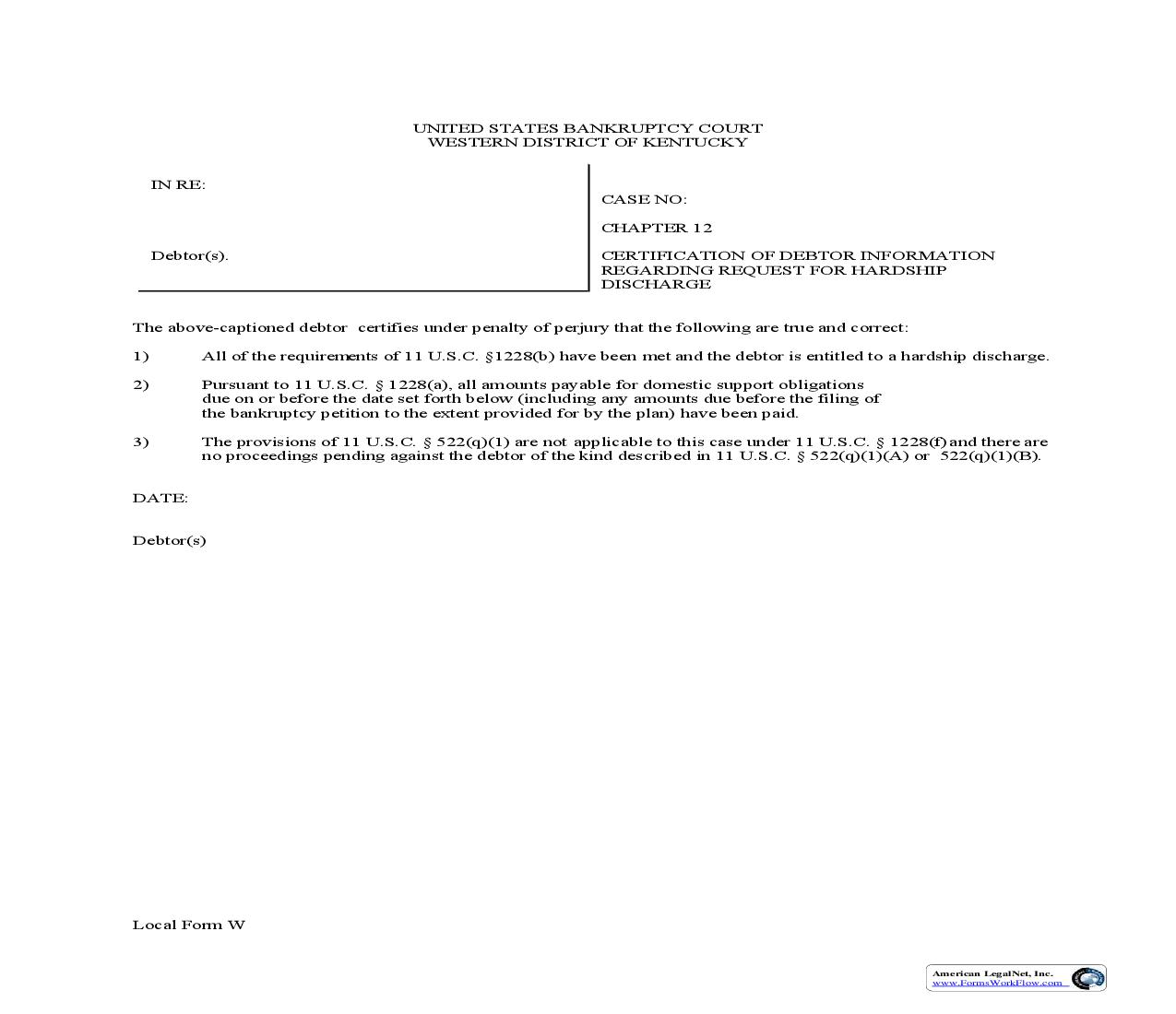 Certification Of Debtor Information Regarding Request For Hardship Discharge (Chapter 12) {W} | Pdf Fpdf Doc Docx | Kentucky