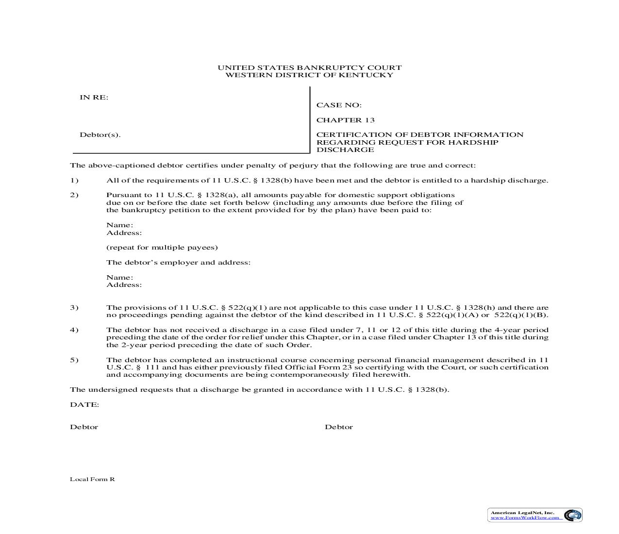 Certification Of Debtor Information Regarding Request For Hardship Discharge (Chapter 13) {R} | Pdf Fpdf Doc Docx | Kentucky