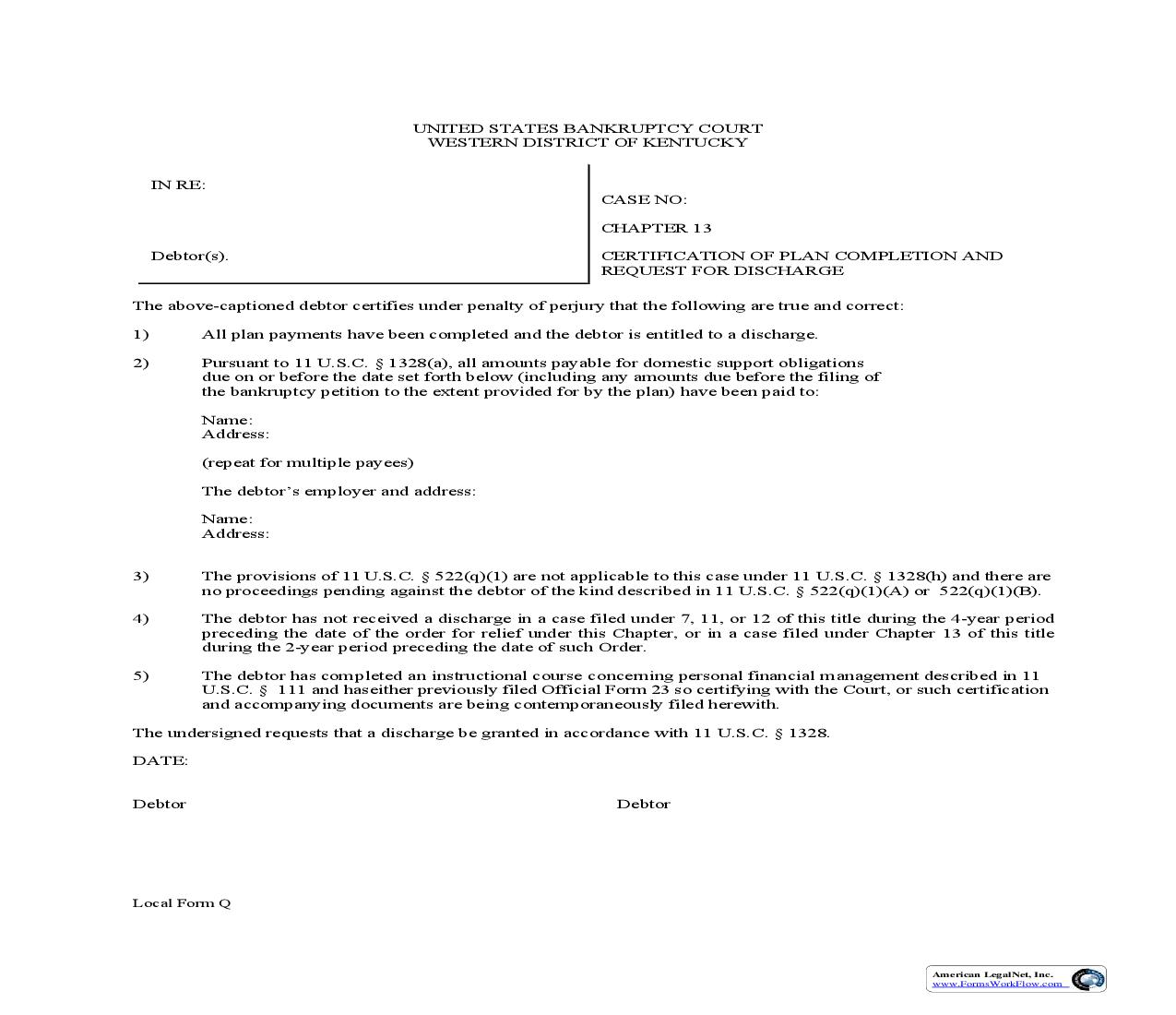 Certification Of Plan Completion And Request For Discharge {Q} | Pdf Fpdf Doc Docx | Kentucky